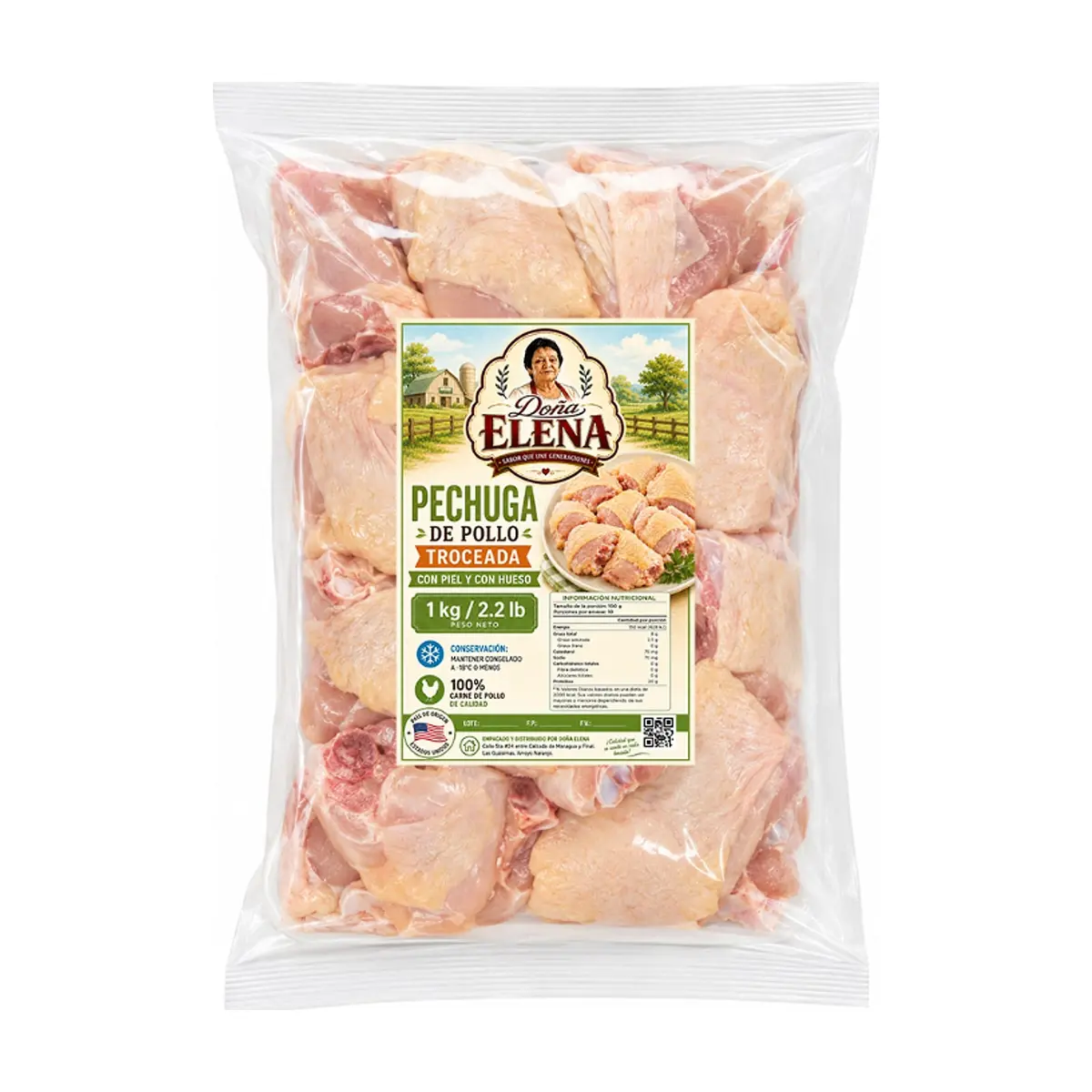 Pechuga de pollo troceada con piel y con hueso Doña Elena (1 kg / 2.2 lb)