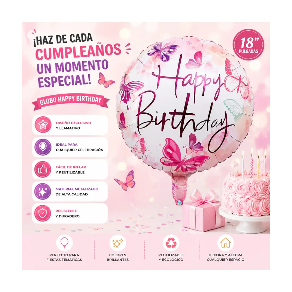 Globo con cartel de Happy birthday y diseño de mariposas Ballon (18 pulgadas) - Thumbnail 4