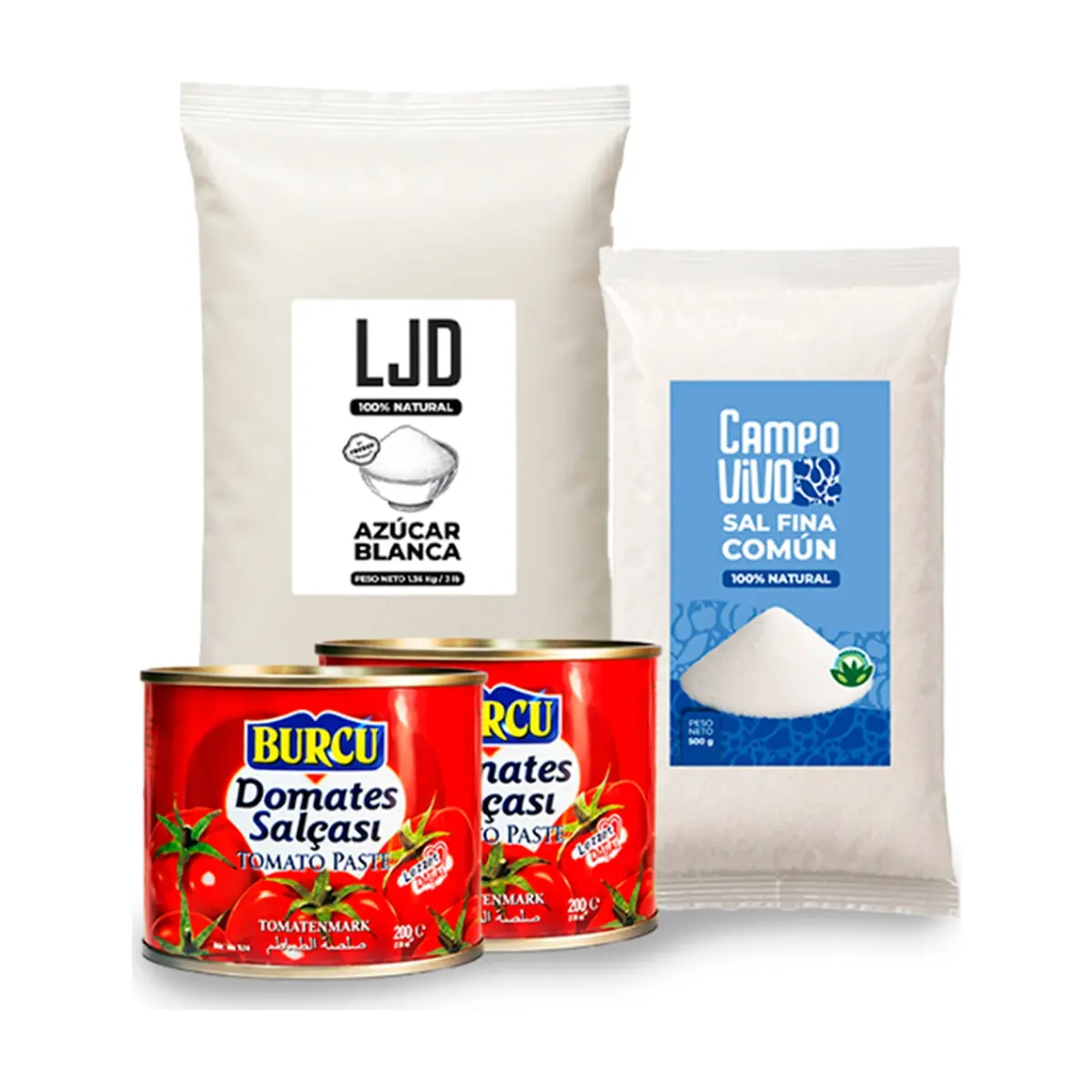 Combo simple #2: Pasta de tomate Burcu + Sal fina común Campo Vivo + Azúcar blanca LJD
