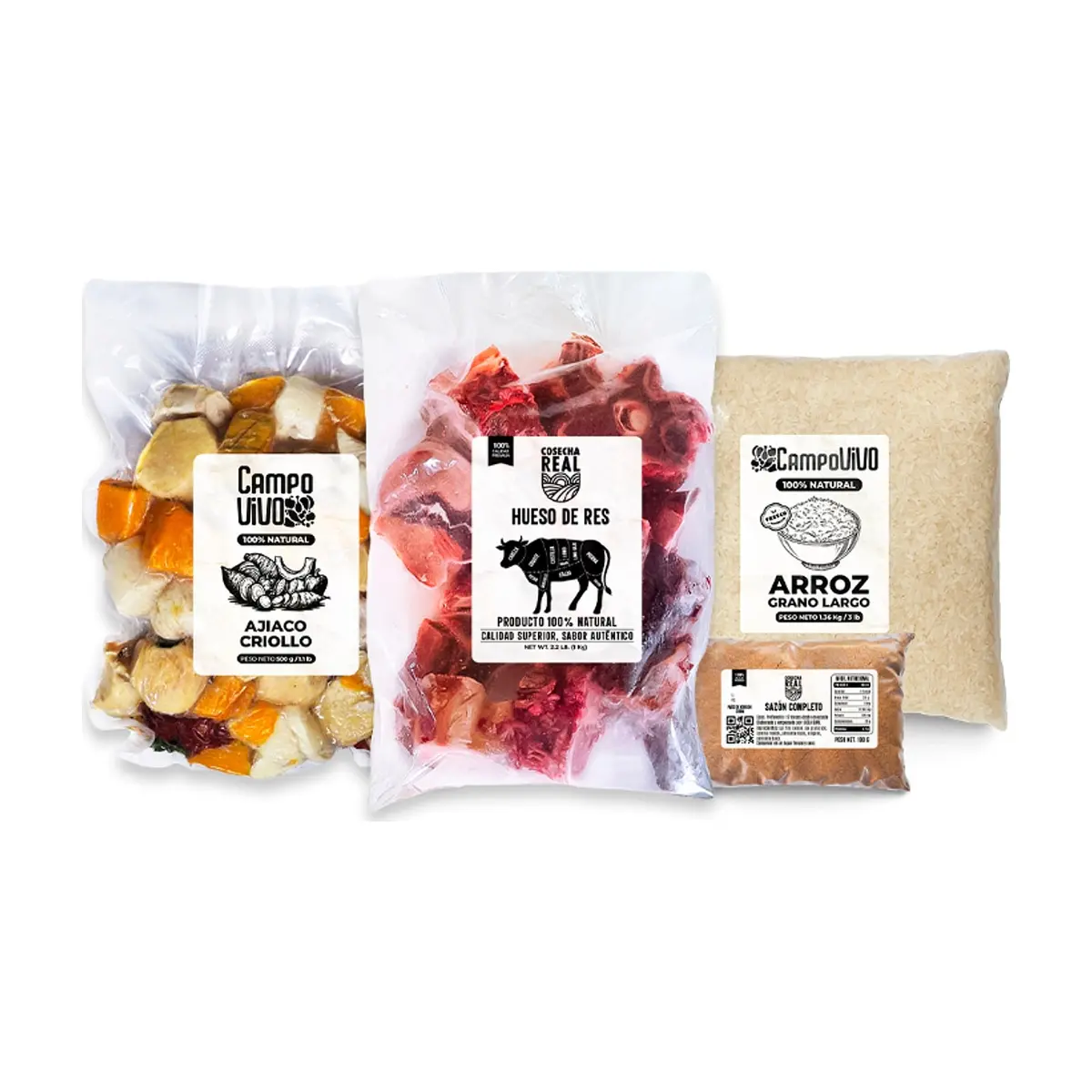 Ajiaco criollo Campo Vivo + Huesos de res Cosecha Real + Arroz de grano largo Cosecha Real + Sazón completo Cosecha Real - Imagen 1