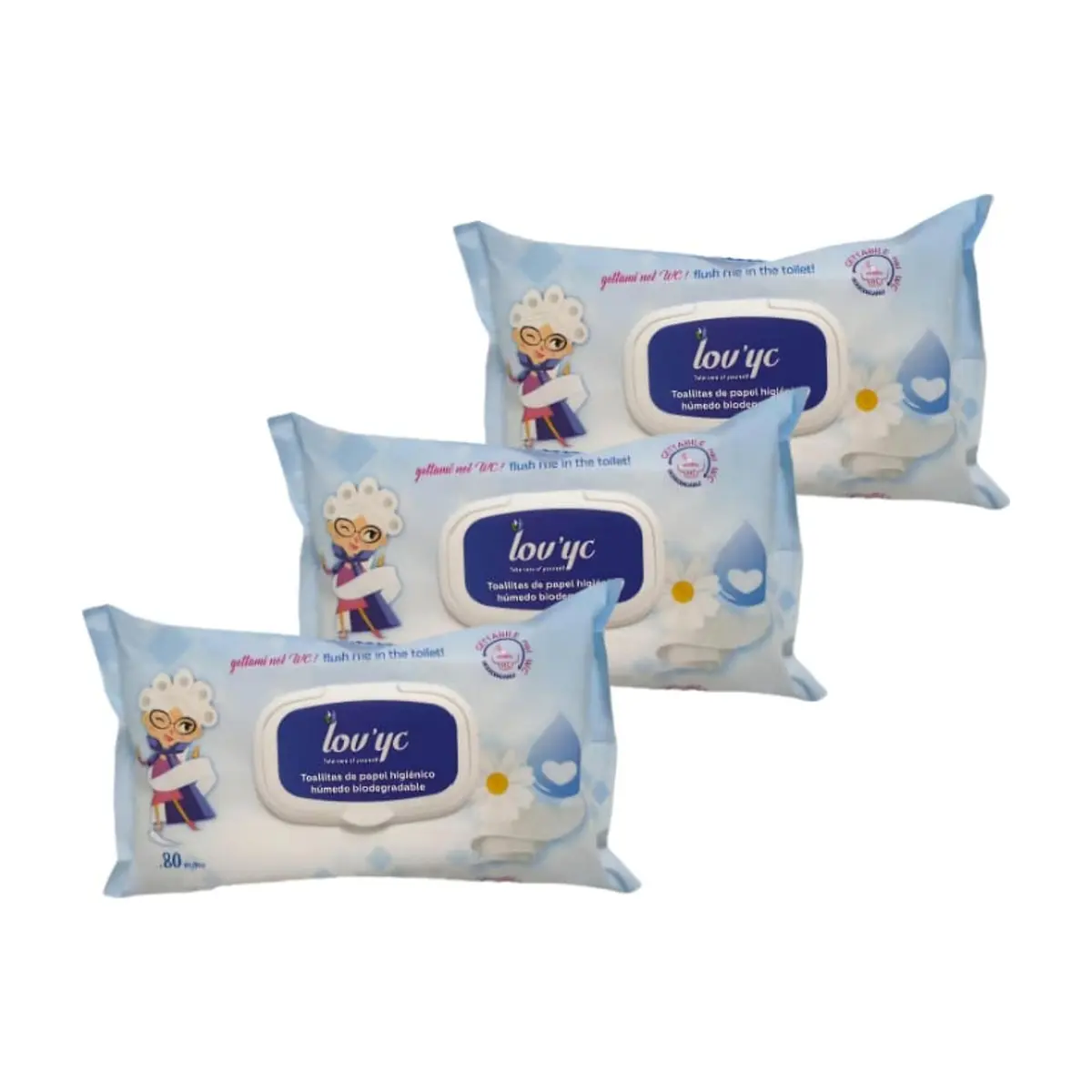 Toallitas de papel higiénico húmedo biodegradables Lov’yc (3 x 80 U)