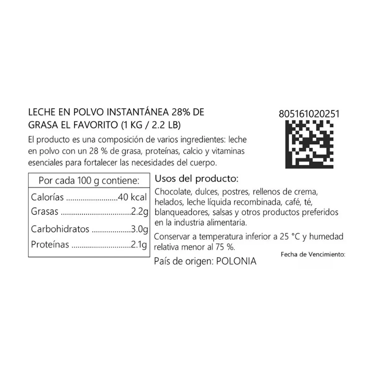 Leche en polvo instantánea 28% de grasa El Favorito (1 kg / 2.20 lb) - Miniatura 4
