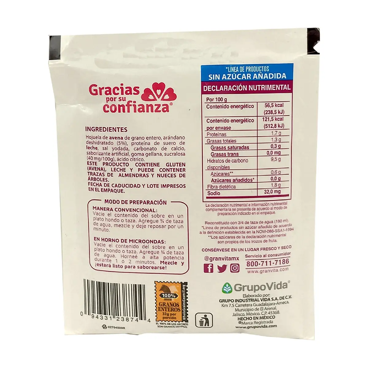 Avena instantánea integral sin azúcar sabor arádanos Ganvita (35 g / 1.23 oz) - Thumbnail 3