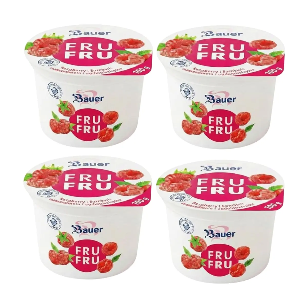 Yogur sabor frambuesa Bauer Fru Fru (4 x 100g / 3.53oz)