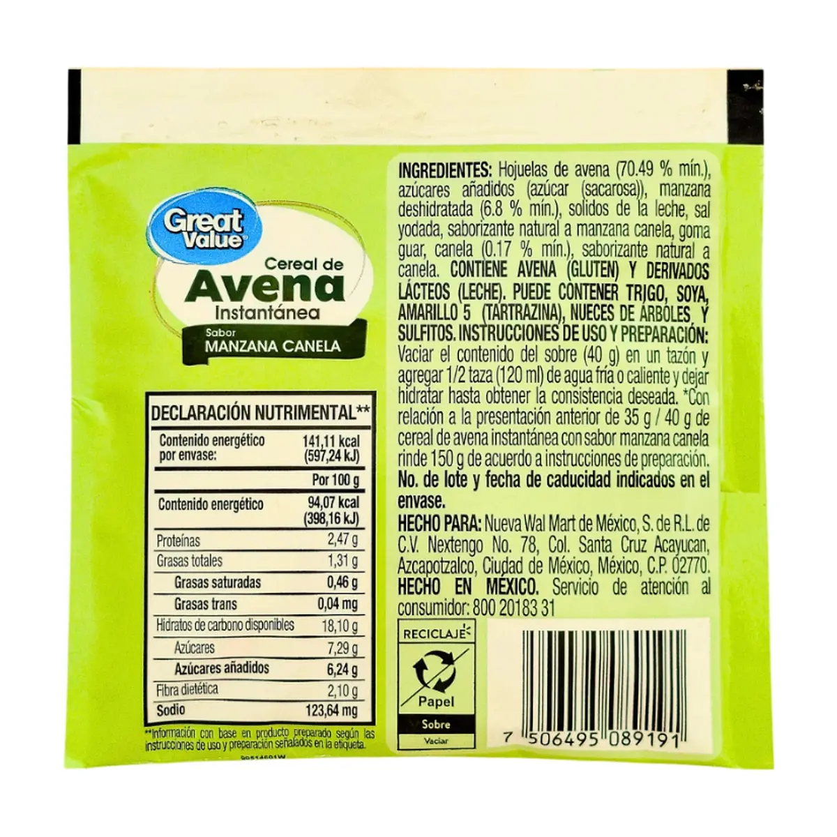 Cereal de avena instantánea sabor a manzana y canela Great Value (40 g / 1.4 oz) - Thumbnail 2