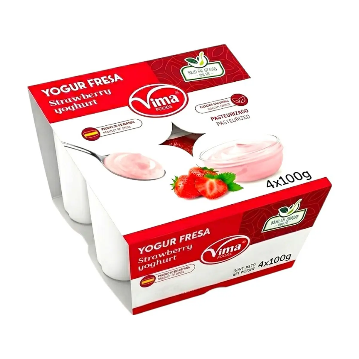 Yogurt pasteurizado sabor fresa Vima Foods (4 x 100 g / 3.52 oz) - Imagen 1