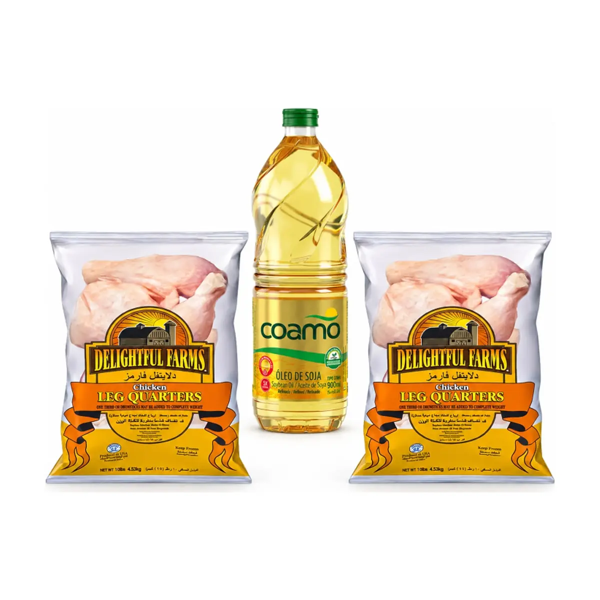 Aceite de soja refinado Coamo (900 ml) + Cuartos traseros de pollo Delightful Farms - Imagen 1