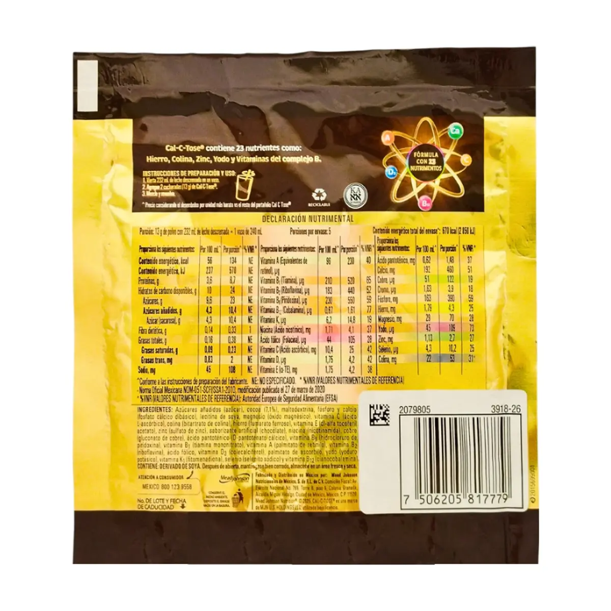 Alimento en polvo fortificado para preparar una bebida sabor a chocolate Cal-C-Tose (65 g / 2.3 oz) - Thumbnail 2