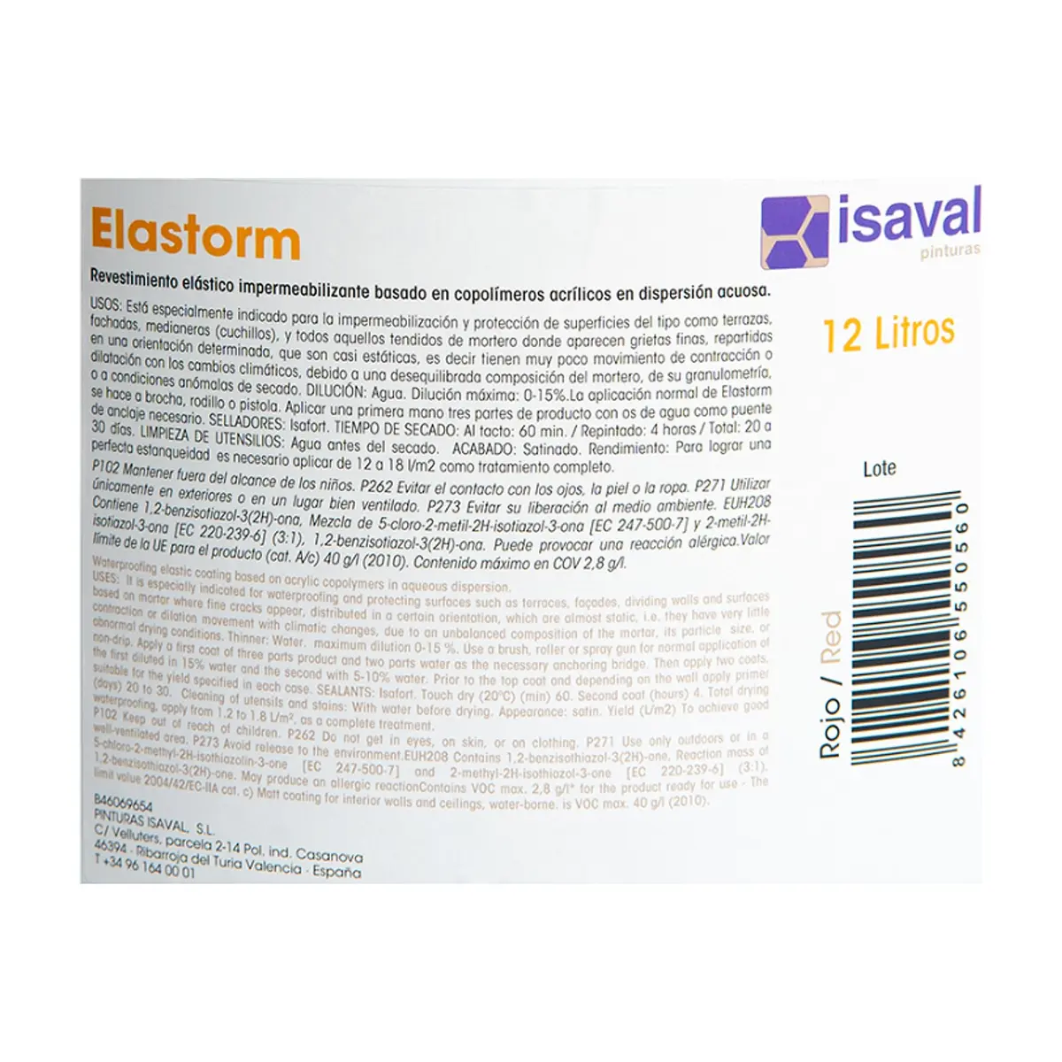 Pintura elástica impermeabilizante color rojo elastorm Blancolor Isaval (12 L) - Thumbnail 3