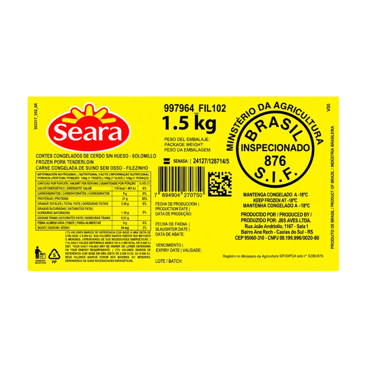 Solomillo de cerdo sin hueso Seara (1.5 kg / 3.3 lb) - Thumbnail 3
