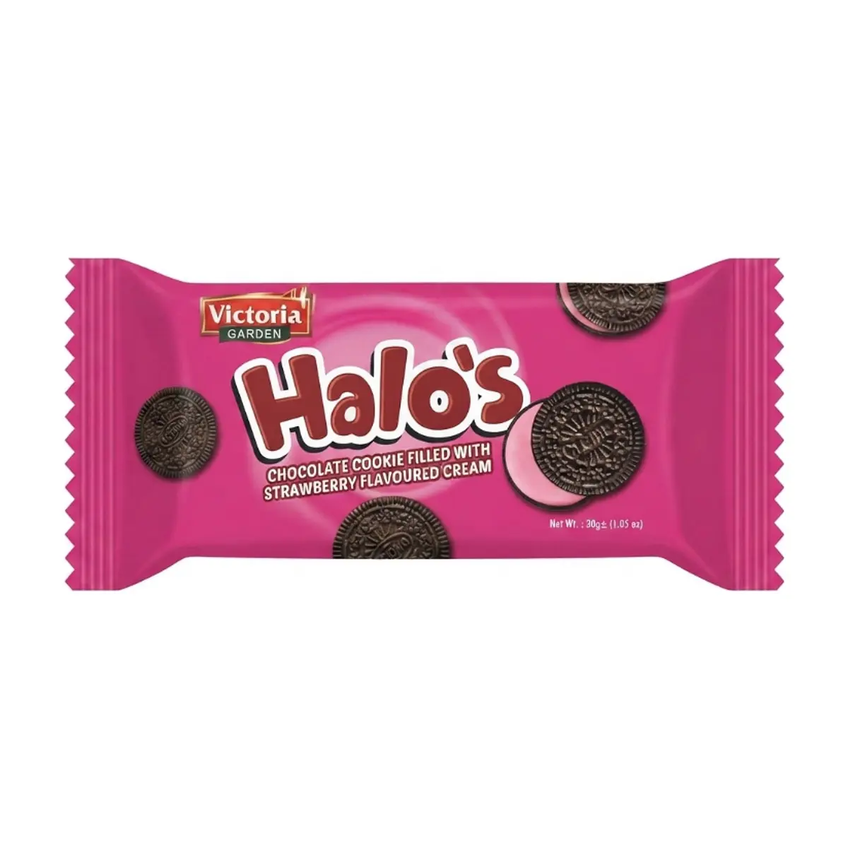 Galletas de chocolate rellenas con crema sabor fresa Victoria Garden Halo’s (30 g / 1.05 oz)