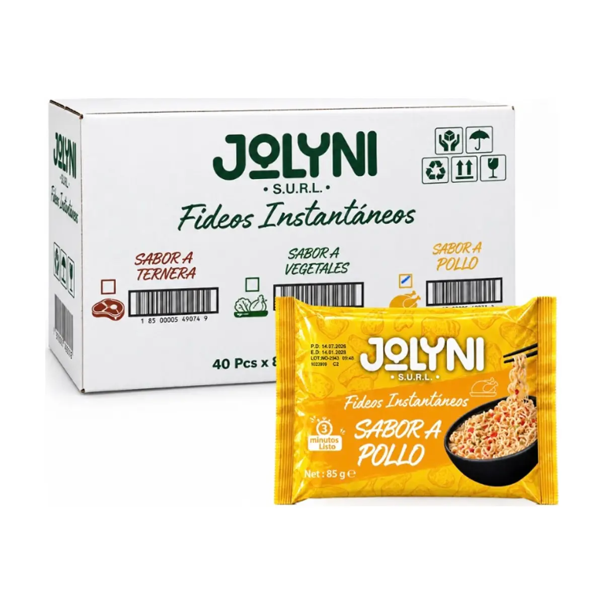 Sopa de fideos instantáneos sabor pollo Jolyni (40 x 85 g / 3 oz)