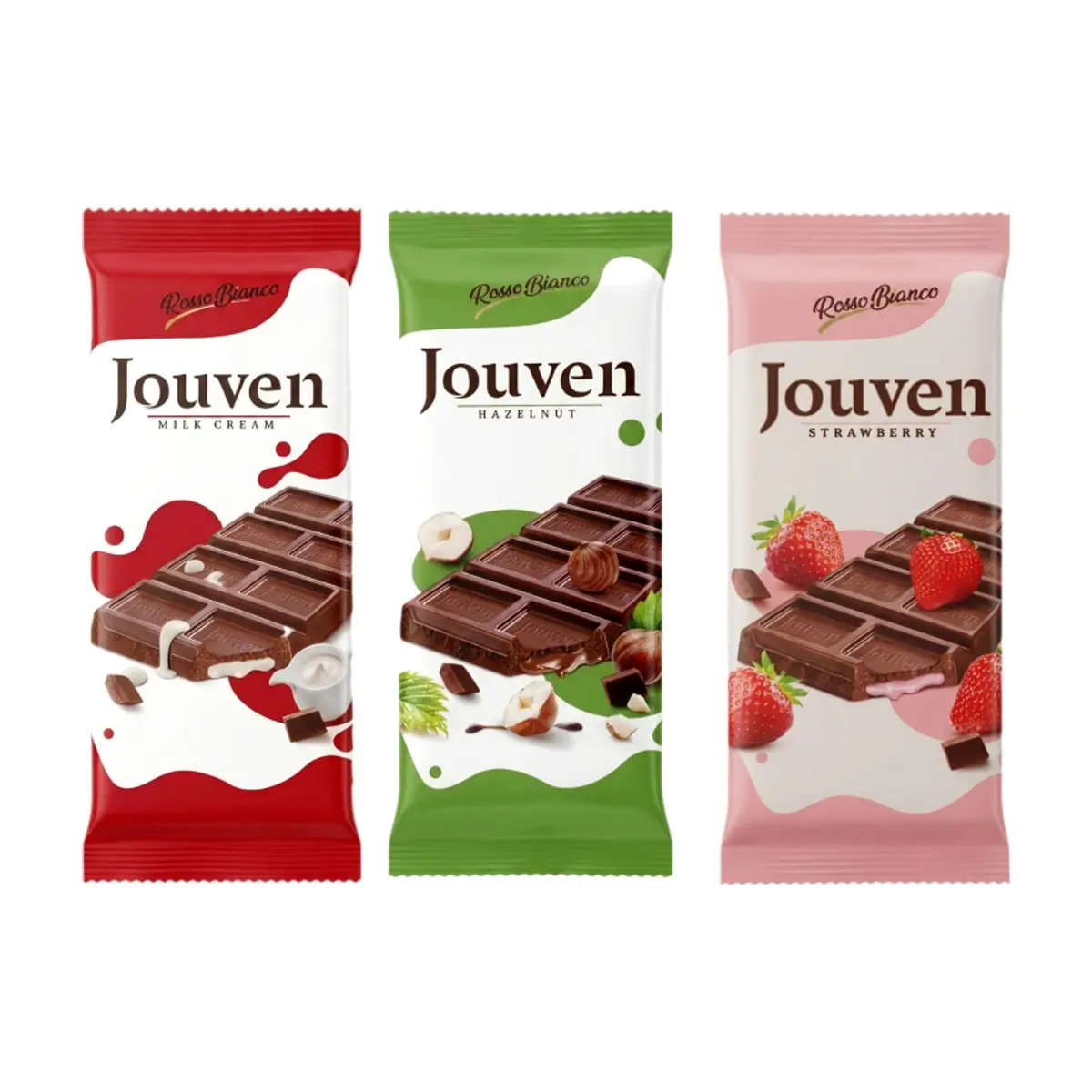 Tabletas de chocolate rellena de crema de avellanas, fresa y leche Jouven Rosso Bianco