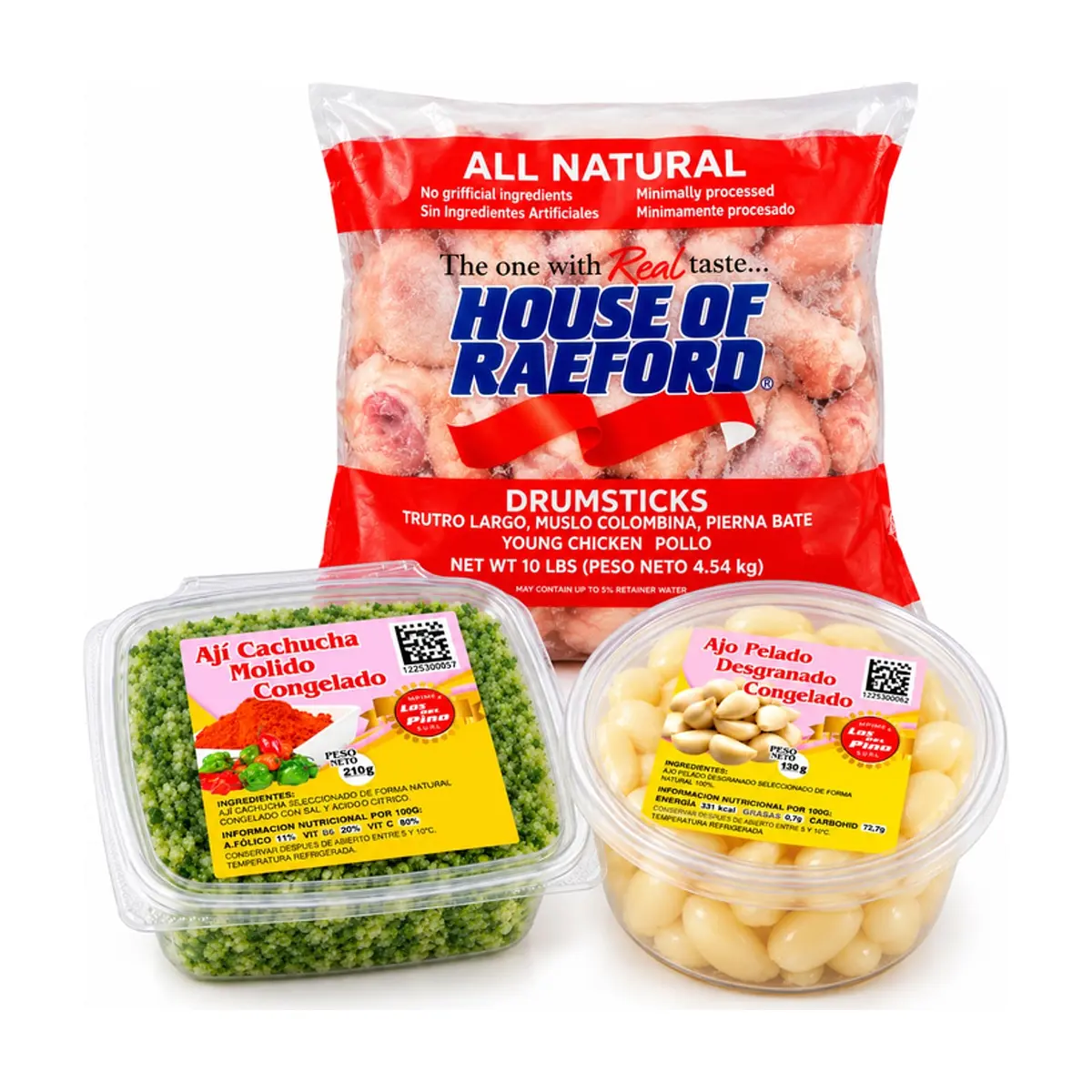 Muslos de pollo House of Raeford  + Ají cachucha molido congelado + Ajo pelado desgranado congelado Los del Pino