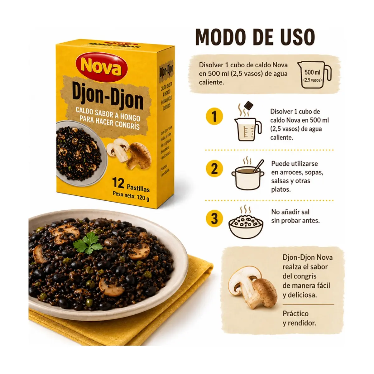 Caldo sabor a hongo para congrís Djon-Djon Nova (120 g) - Thumbnail 3