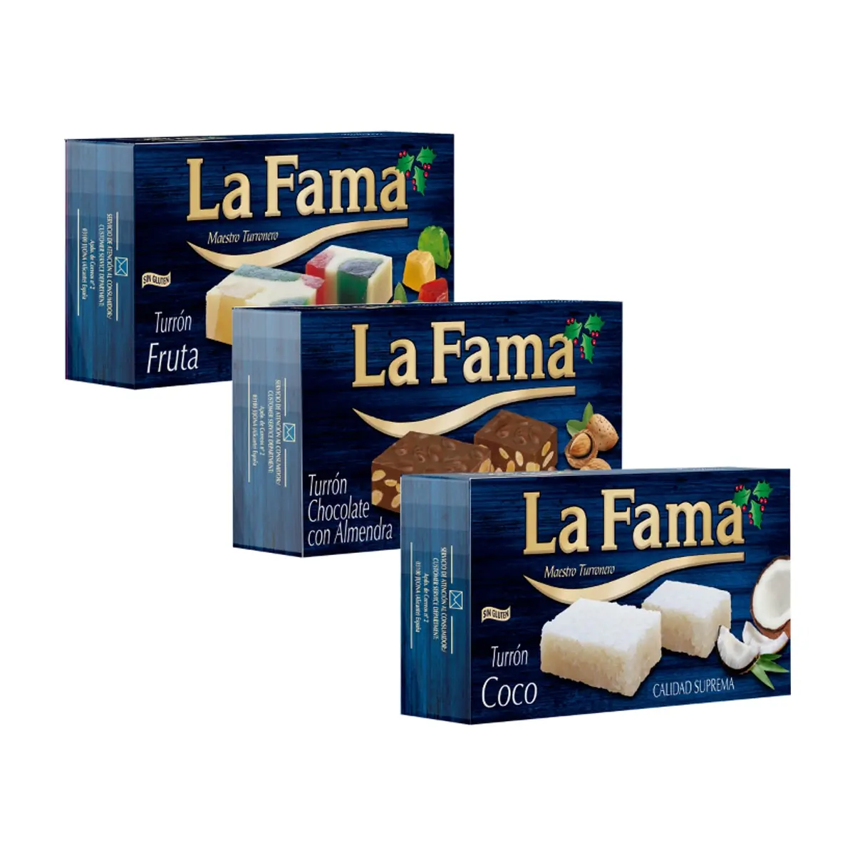 Turrón de Chocolate con Almendra La Fama + Turrón de Coco La Fama + Turrón de Fruta La Fama - Miniatura 1