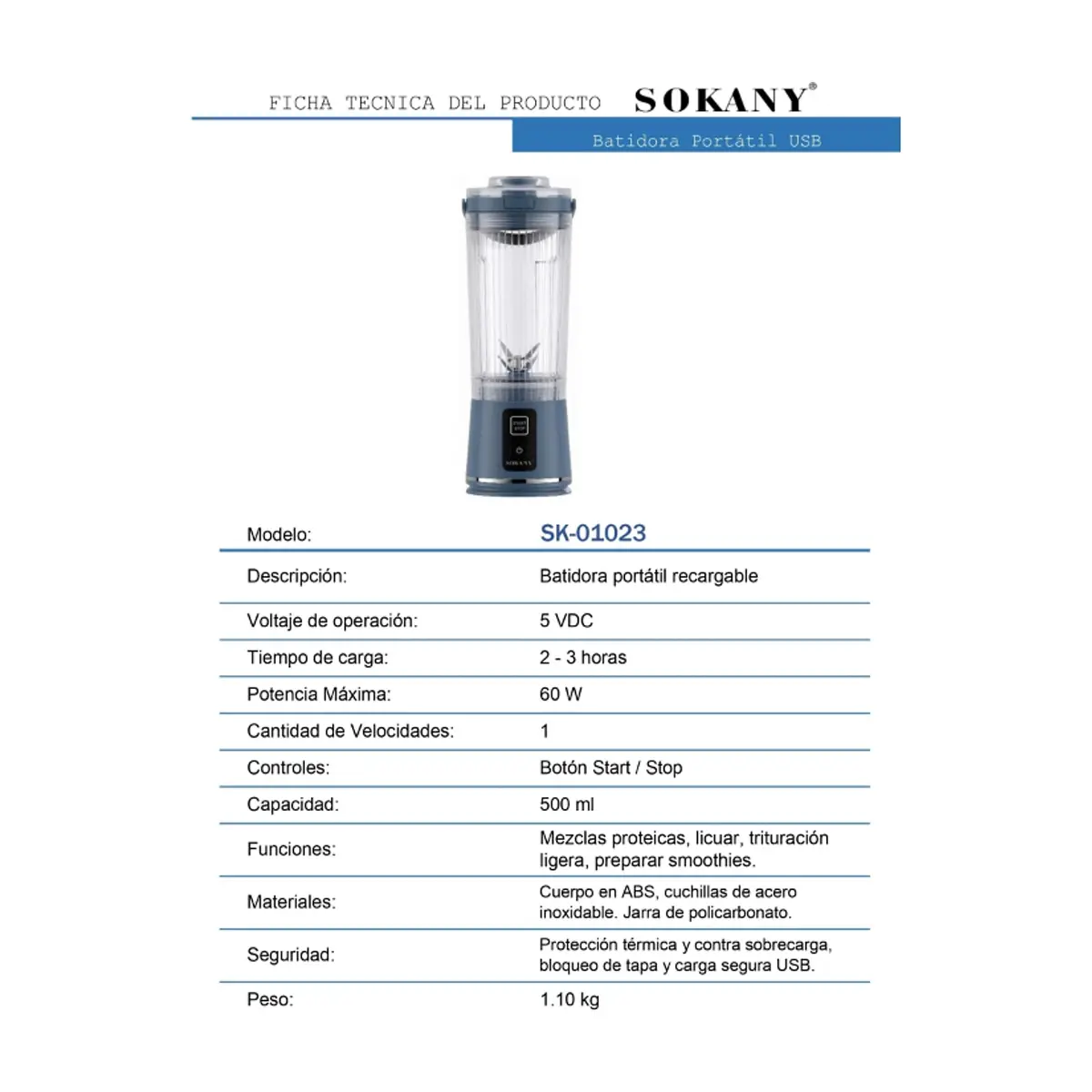 Batidora portátil recargable 500 ml Sokany SK-01023 - Thumbnail 7