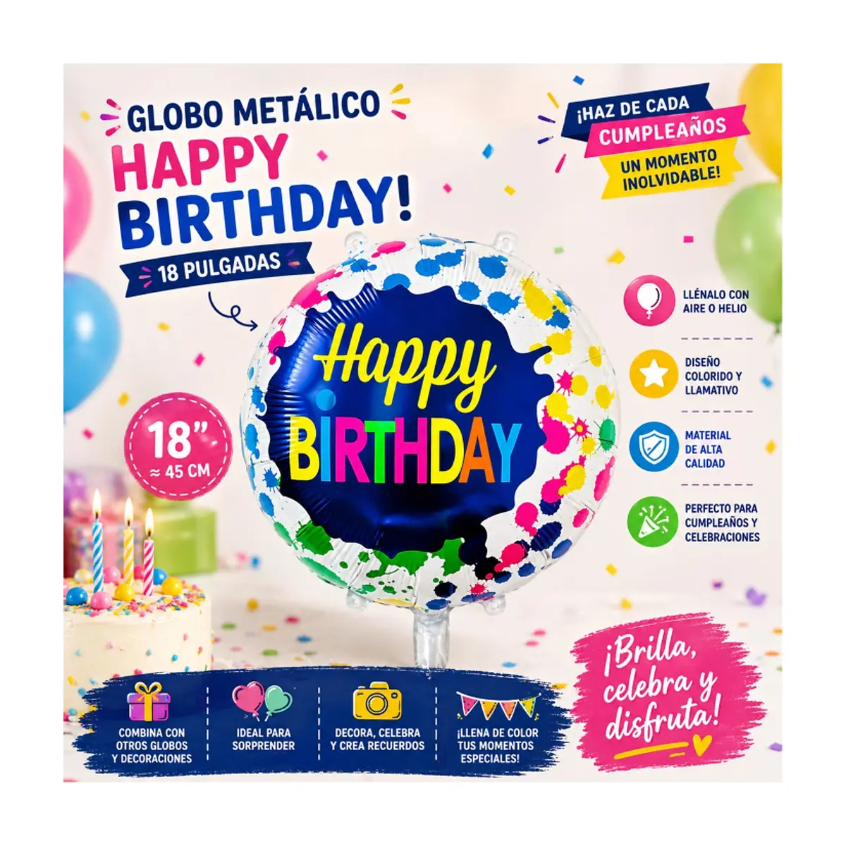 Globo Happy Birthday diseño con splash 18" Balloon - Thumbnail 3