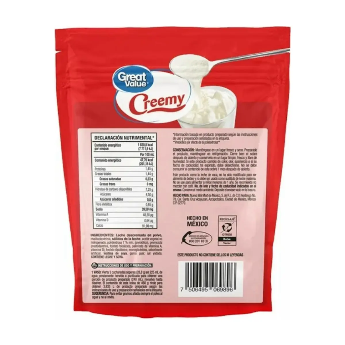 Alimento en polvo para preparar bebida a base de leche descremada y grasa vegetal Creemy Great Value (460 g / 1.01 lb) - Thumbnail 2