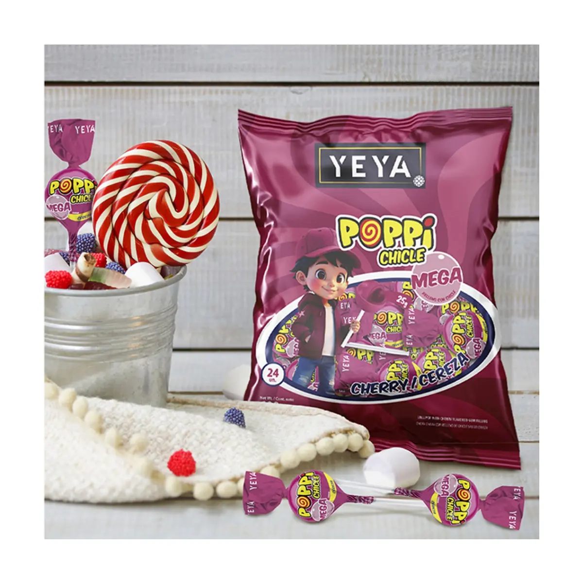 Chupa chupas con relleno de chicle sabor cereza YEYA (2 x 600 g / 1.32 lb) - Miniatura 3