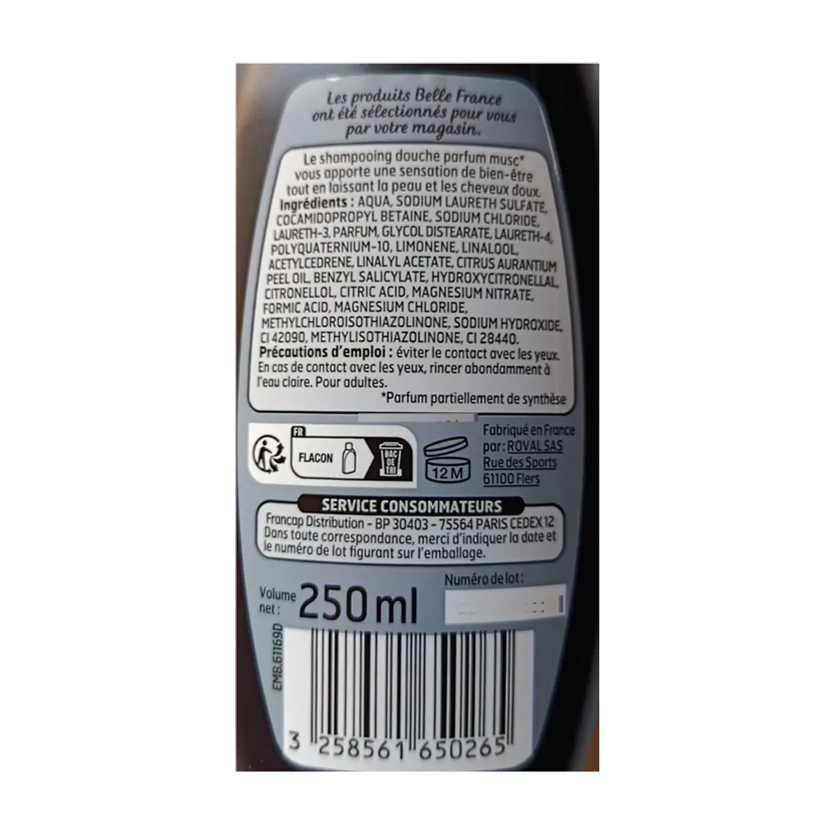 Champú gel de ducha con fragancia a almizcle Belle France (250 ml) - Thumbnail 3