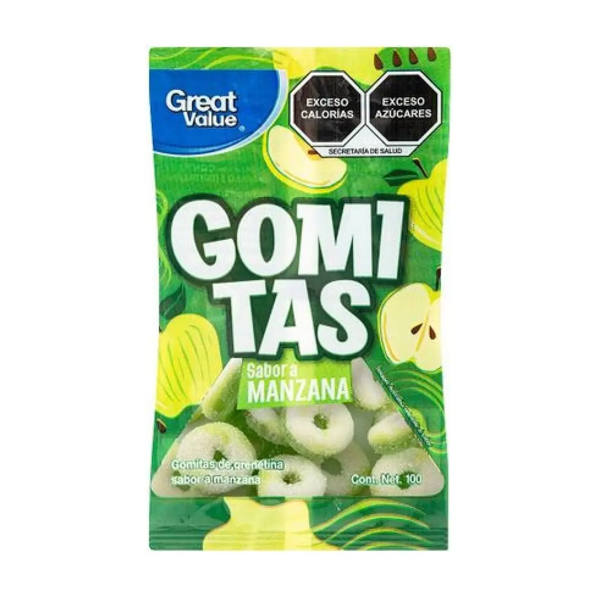 Gomitas de grenetina sabor a manzana Great Value (100 g / 3.5 oz)