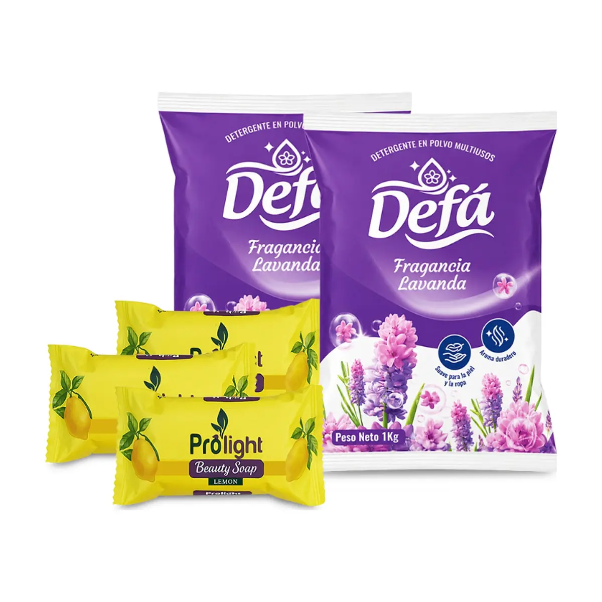 Combo Aseo y Limpieza #8: Detergente en polvo multiusos fragancia de lavanda Defá + Jabones de belleza con fragancia a limón Prolight