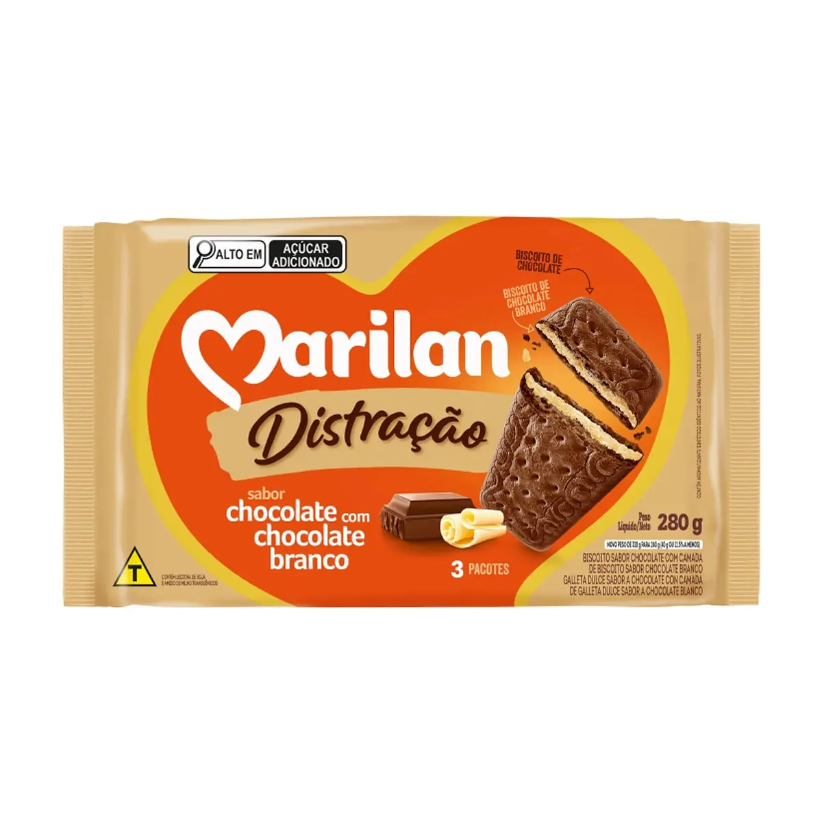 Galleta triple capa sabor chocolate con chocolate blanco Distracao Marilan (280 g / 9.88 oz)