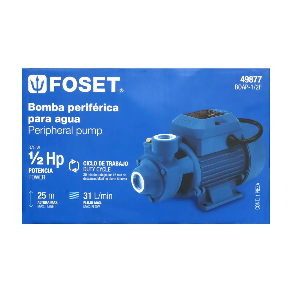 Bomba periférica para agua de 1/2 Hp Foset BOAP-1/2F - Thumbnail 3