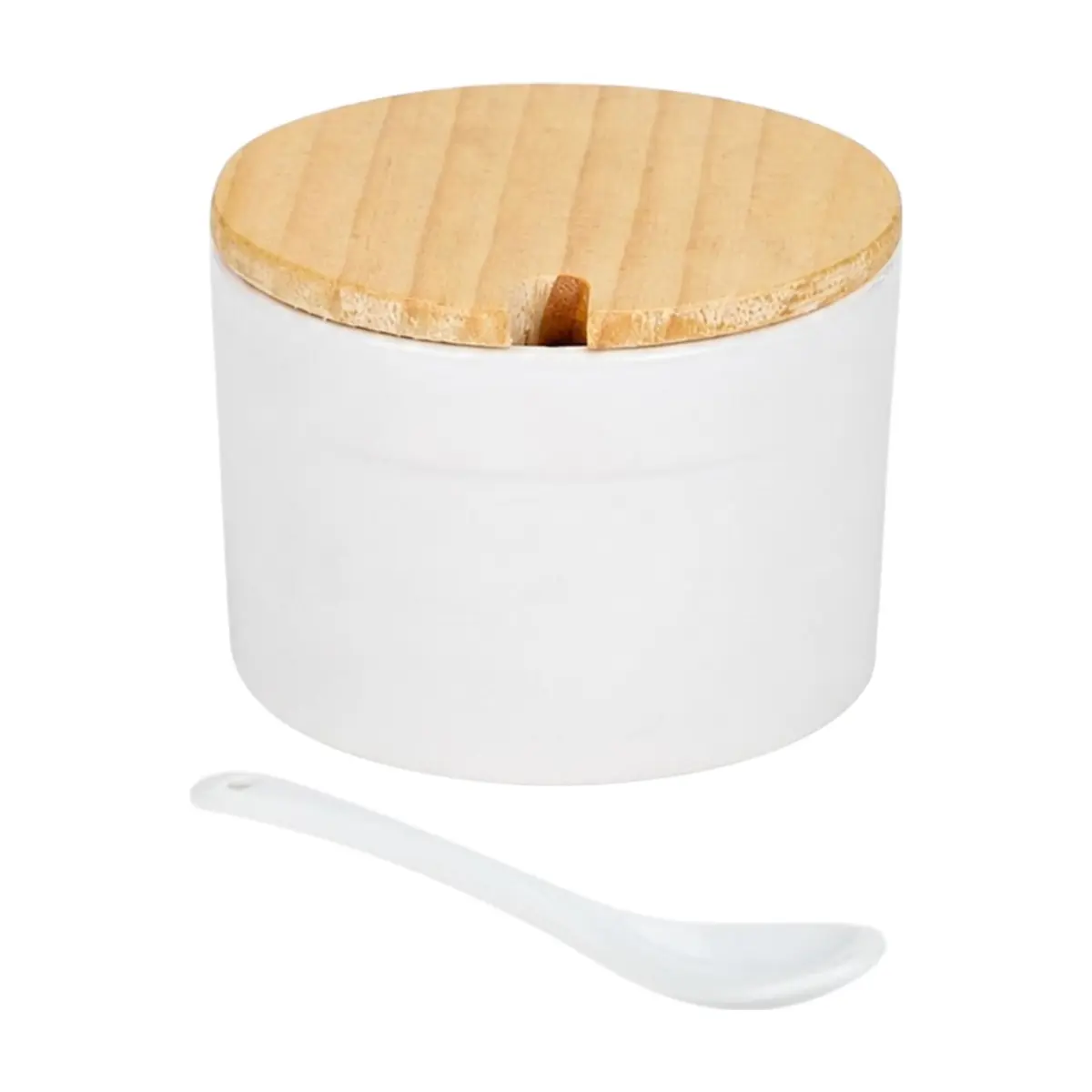 Azucarero cerámica blanca redondo con cuchara y tapa de madera Alessandro