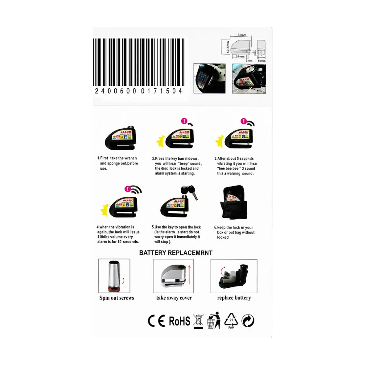 Candado de disco para motocicleta con alarma antirrobo de 110 dB Racing Moto R8201 - Thumbnail 3