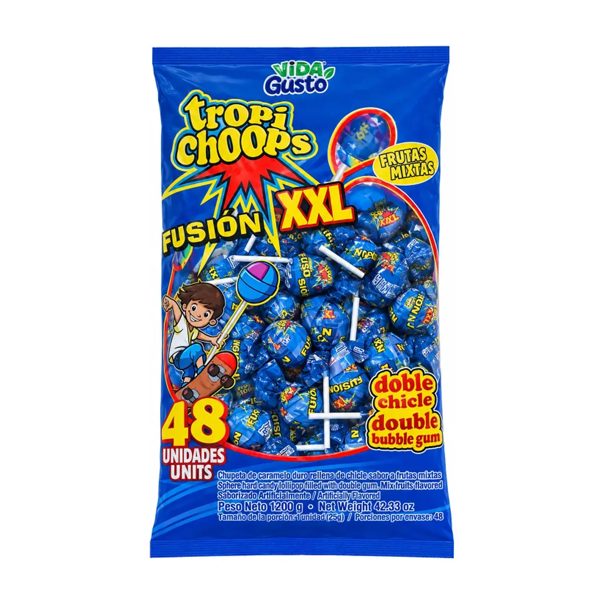 Paquete de chupa chupa XXL relleno de chicle sabor frutas mixtas Tropi Gusto (1.2 kg / 2.64 lb)