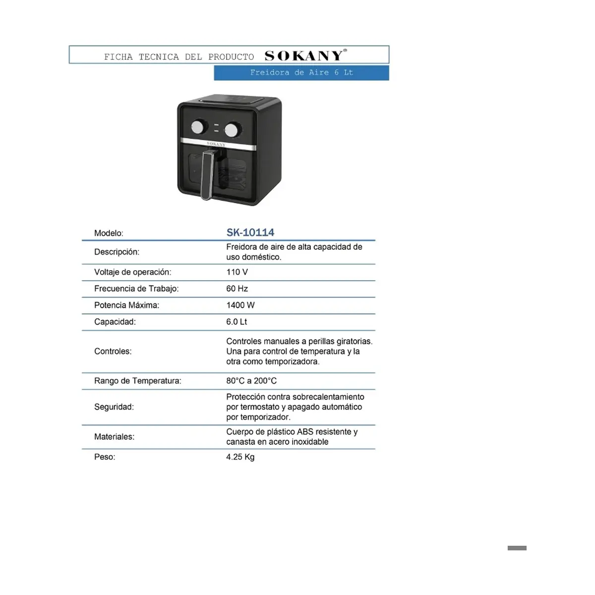 Freidora de aire 6 L Sokany SK-10114 - Miniatura 3