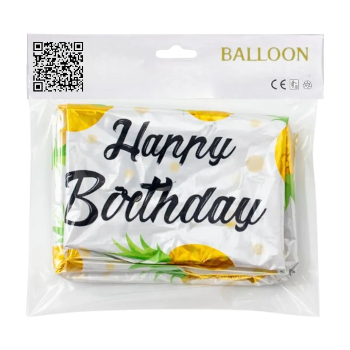 Globo con cartel de Happy Birthday y diseño con piñas amarillas 18 pulgadas Ballon - Thumbnail 3