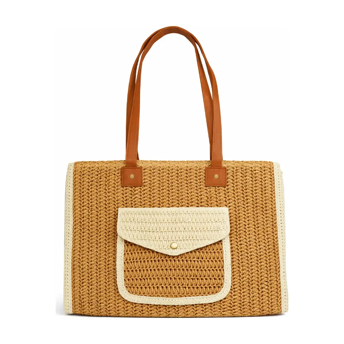 Bolso tote de playa tejido en color camel con bolsillo frontal y asas de piel ISABELLA (1 U)