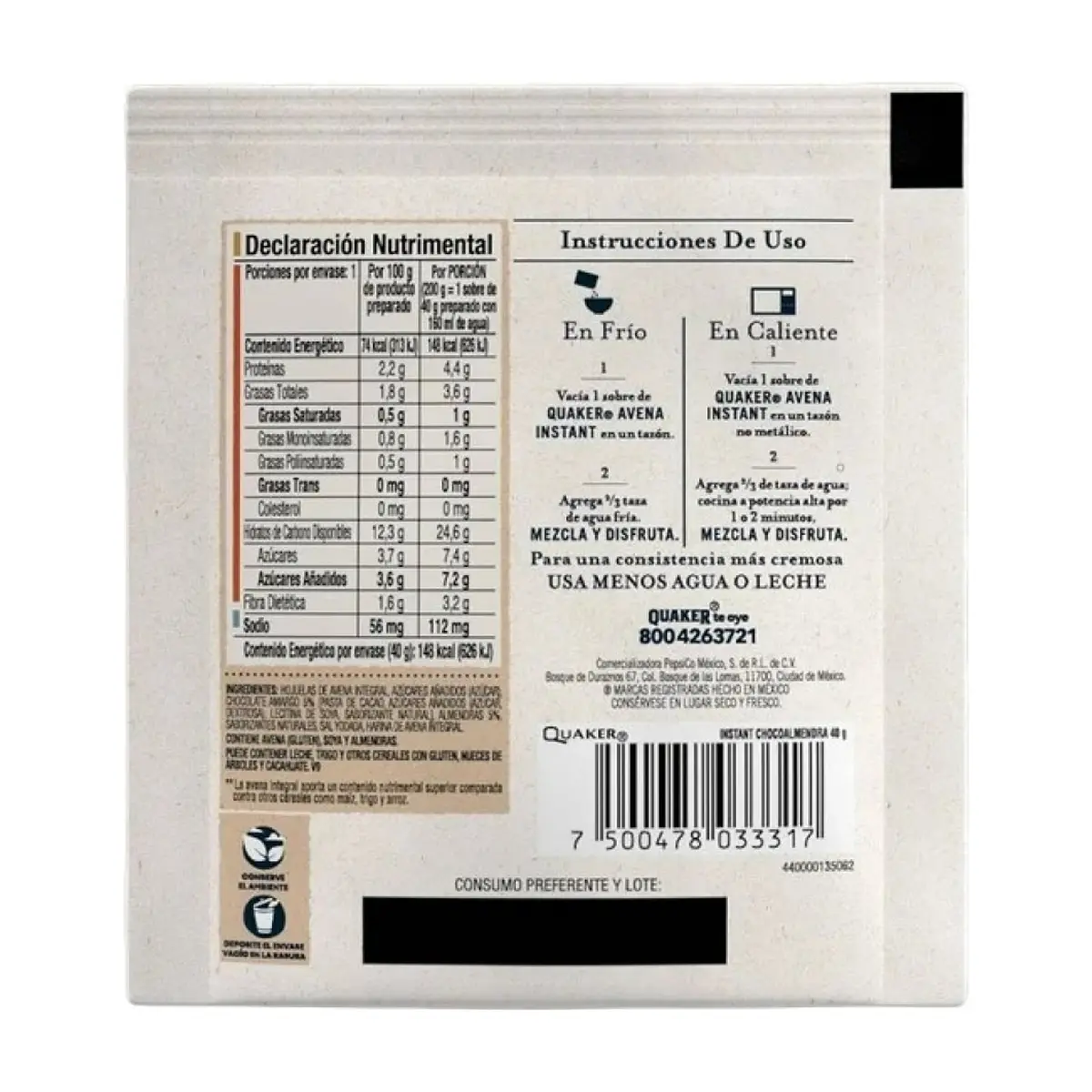 Avena integral instantánea sabor chocoalmendra Quaker (40 g / 1.41 oz) - Thumbnail 2