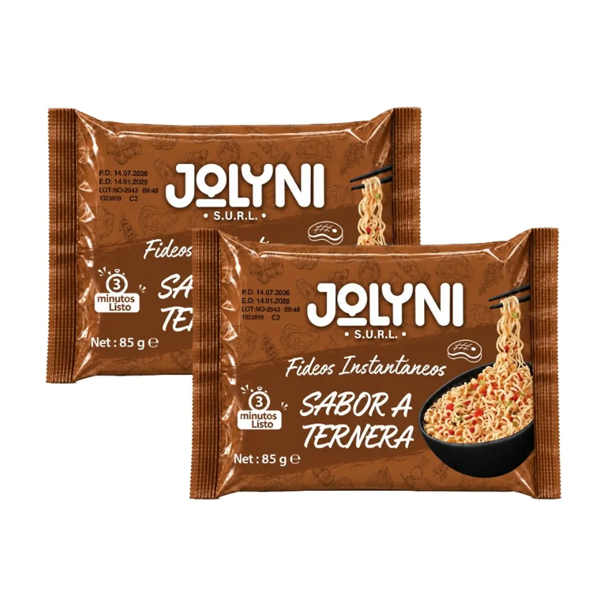Sopa de fideos instantáneos sabor ternera Jolyni (2 x 85 g / 3 oz)