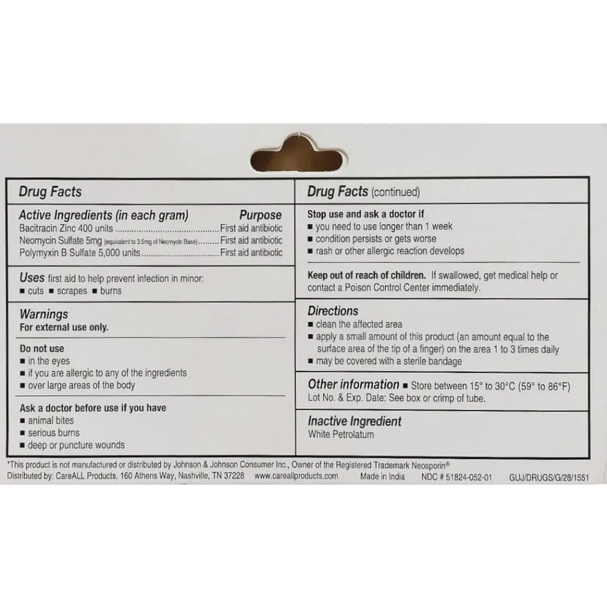 CareAll. Bacitracina zinc 400 UI / Neomicina 5 mg / Polimixina B sulfato 5000 UI ungüento triple antibiótico (28 g / 1 oz) - Miniatura 2
