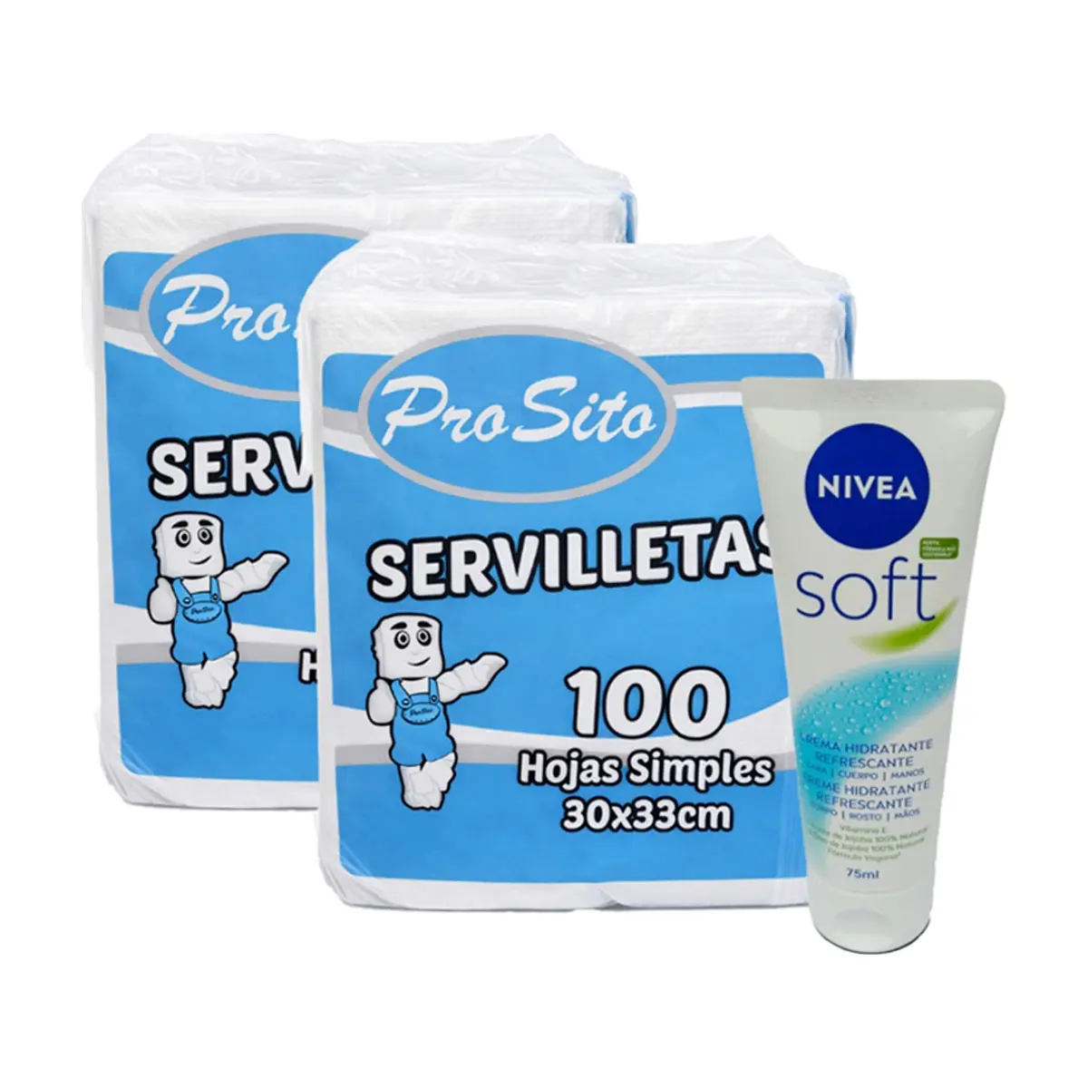 Servilletas hojas simples 30 x 33 cm ProSito (100 U)+Crema hidratante refrescante Soft Nivea (75 ml)