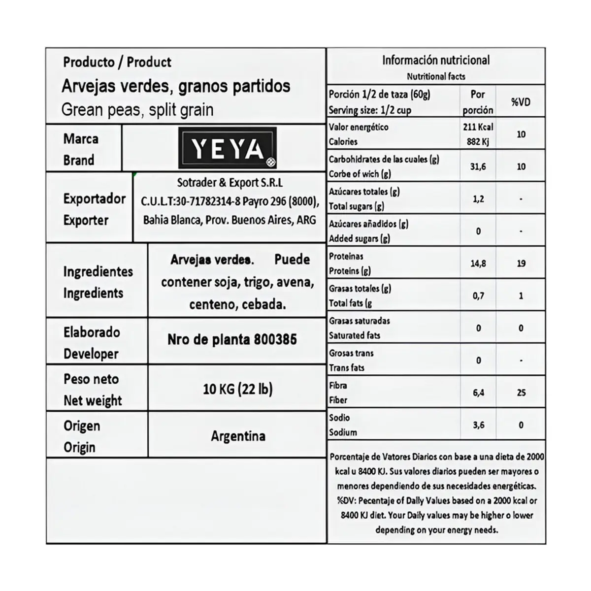 Chícharos verdes partidos YEYA (10 kg / 22 lb) - Thumbnail 2