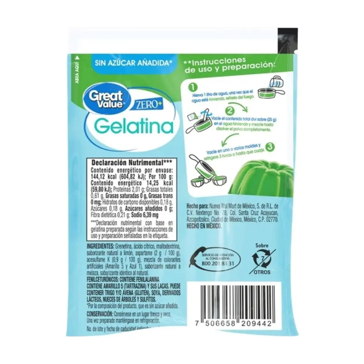 Gelatina sabor limón sin azúcar Great Value (25 g) - Thumbnail 2