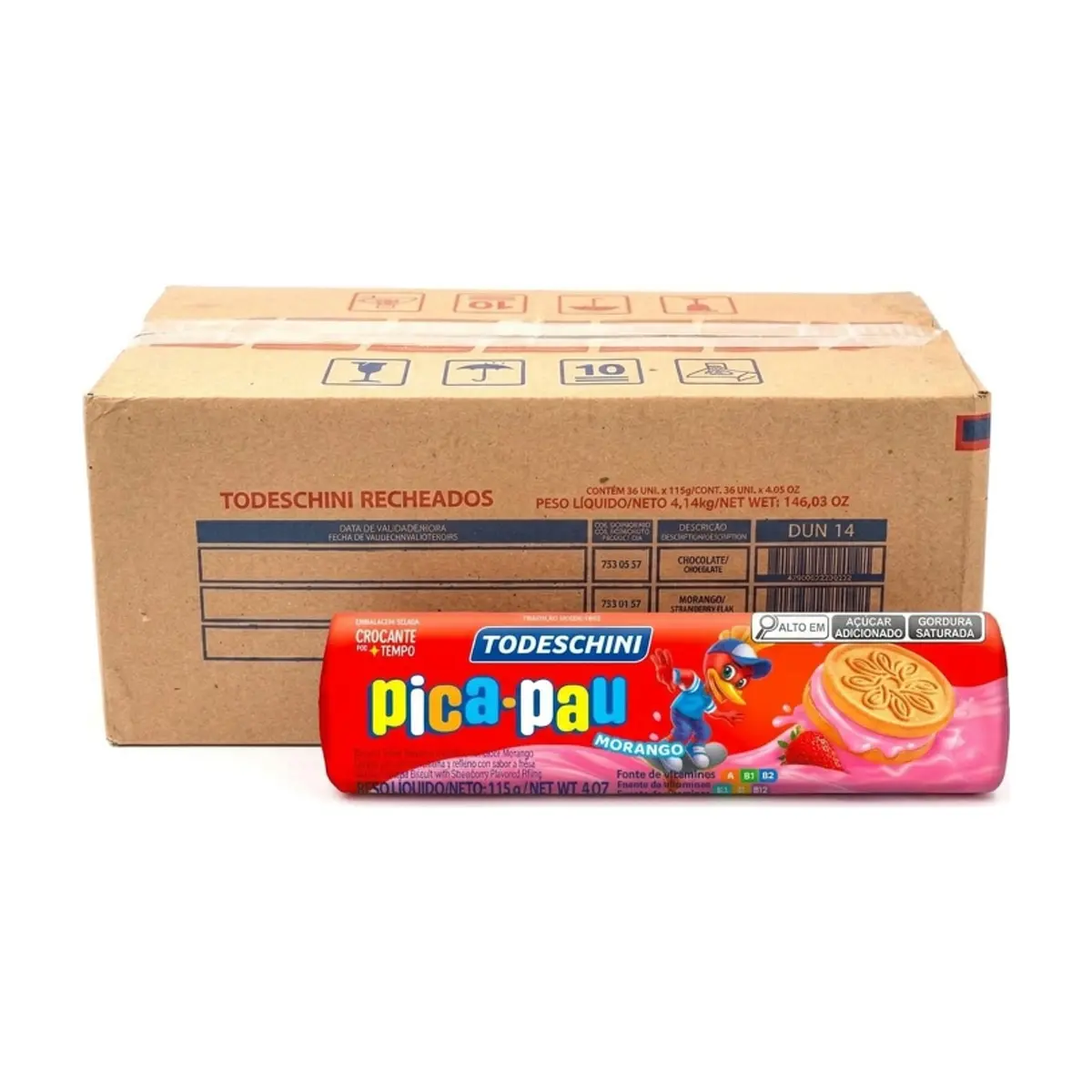 Galletas de vainilla con relleno sabor a fresa Pica Pau Todeschini (36 x 115 g / 4 oz)