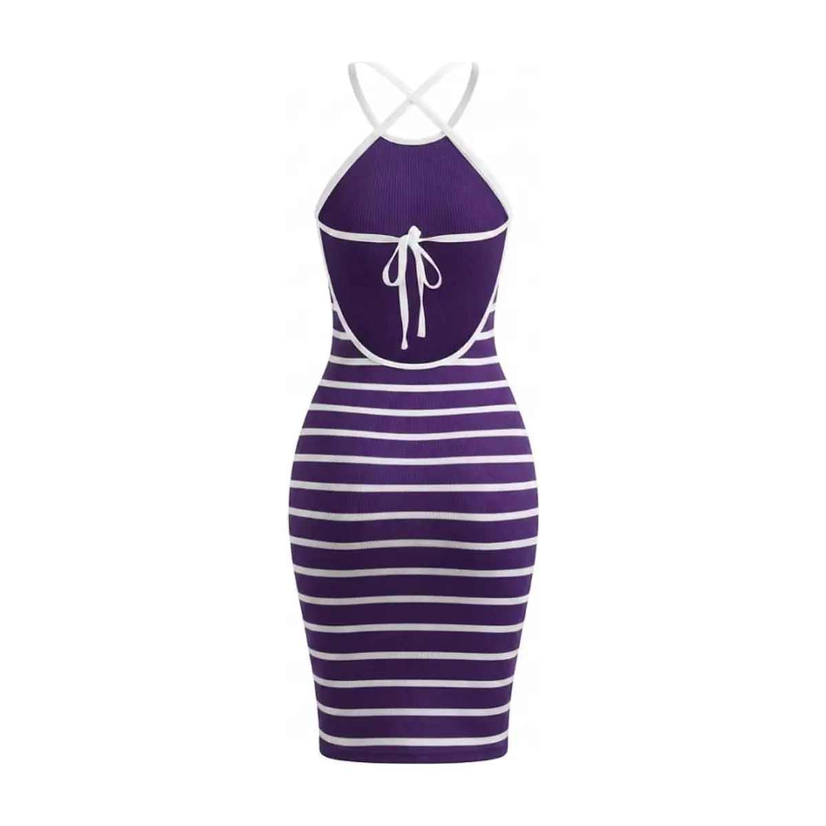 Vestido ajustado con estampado de rayas horizontales morado y blanco Torbex (Talla única) - Thumbnail 2