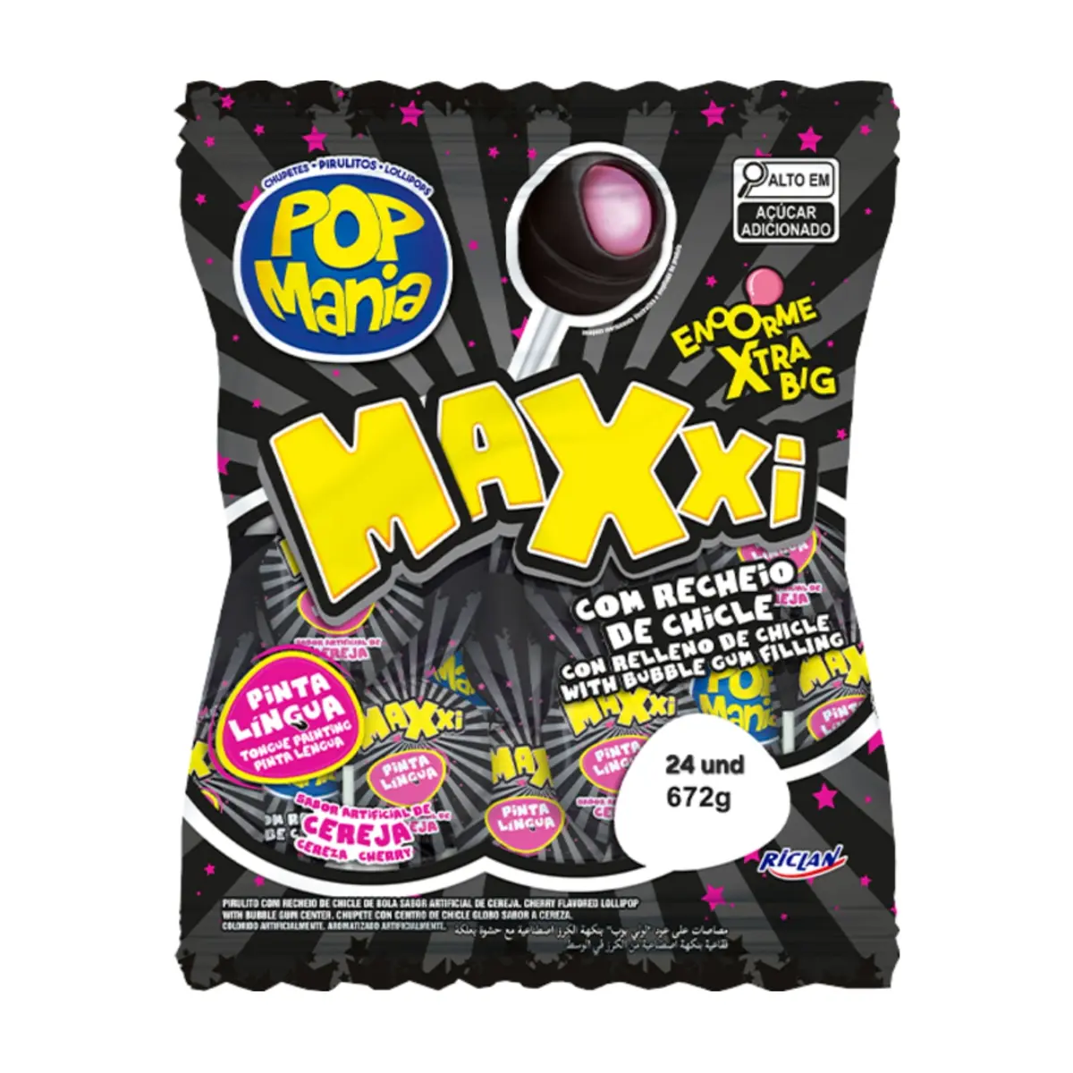 Chupa chupa pinta lengua sabor cereza con relleno de chicle Pop Mania Maxxi (672 g / 1.48 lb)