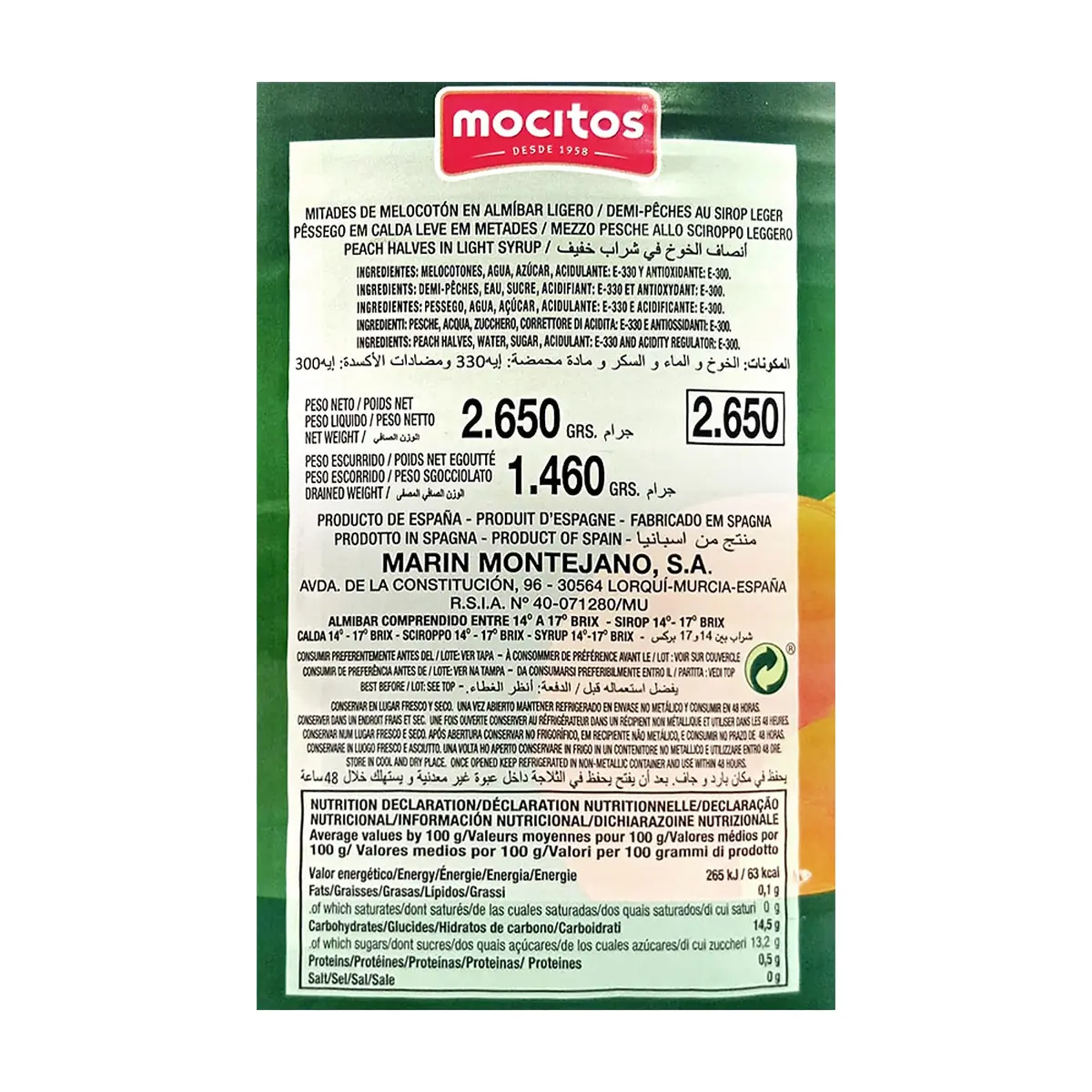 Mitades de melocotón en almíbar ligero Mocitos (2.65 kg / 5.84 lb) - Miniatura 2