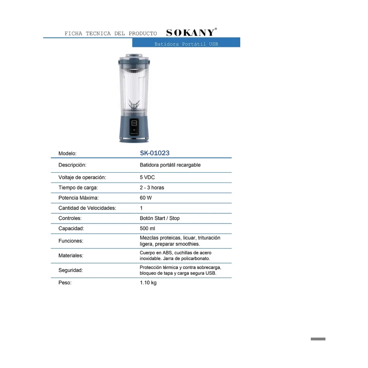 Batidora portátil recargable 500 ml Sokany SK-01023 - Thumbnail 4