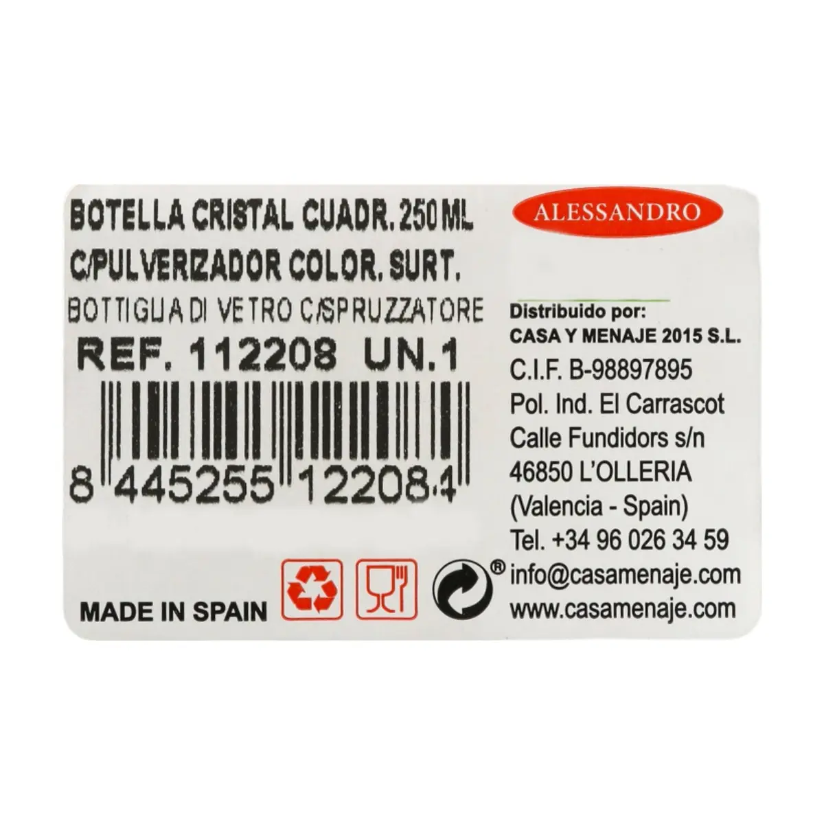 Botella de cristal cuadrada con pulverizador 250 ml Alessandro - Thumbnail 4
