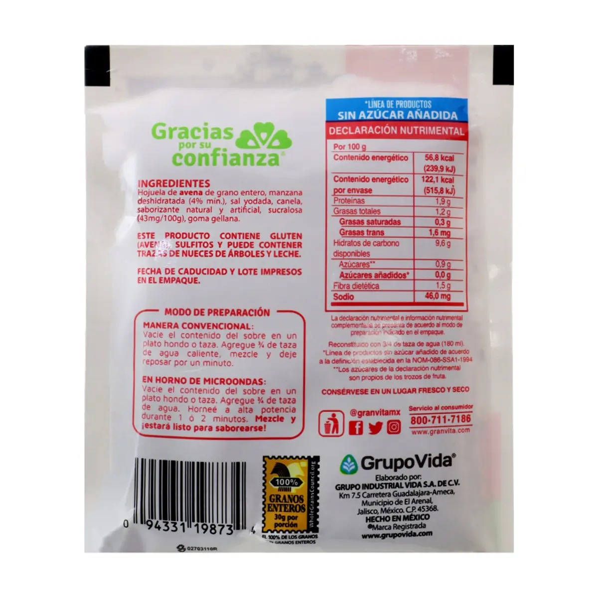 Avena integral instantánea sin azúcar sabor manzana con canela Granvita (35 g / 1.23 oz) - Thumbnail 4