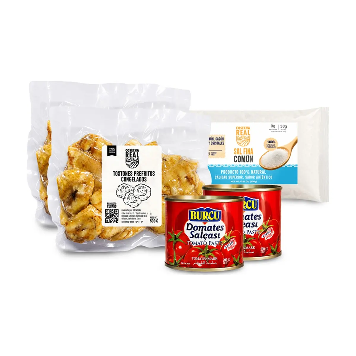 Combo criollo #2: Tostones prefritos congelados Cosecha Real + Pasta de tomate Burcu + Sal fina común Cosecha Real