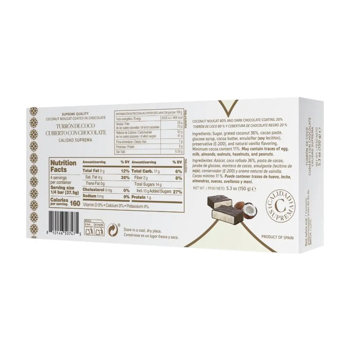Turrón de chocolate con coco Calidad suprema YEYA (150 g / 5.3 oz) - Thumbnail 4
